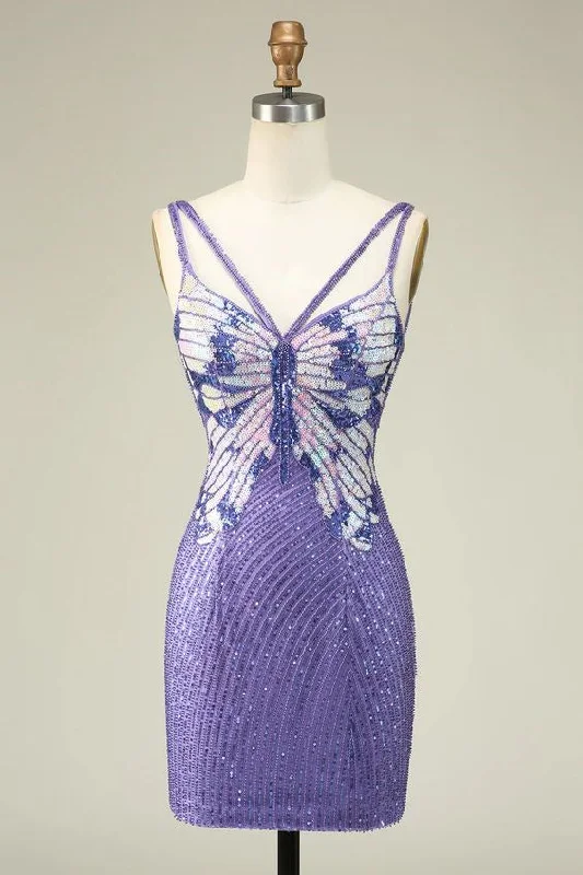 midi dressSparkly Purple Sheath Sequins Short Homecoming Dress with Lace-Up Back Sexy