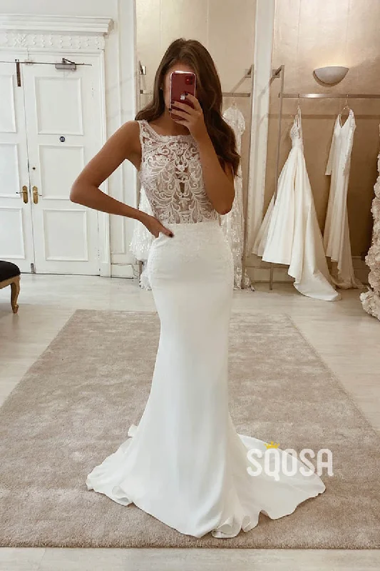 elegant evening dressMermaid/Trumpet Wedding Dress Chic Bateau Appliques Rustic Wedding Gown QW2277