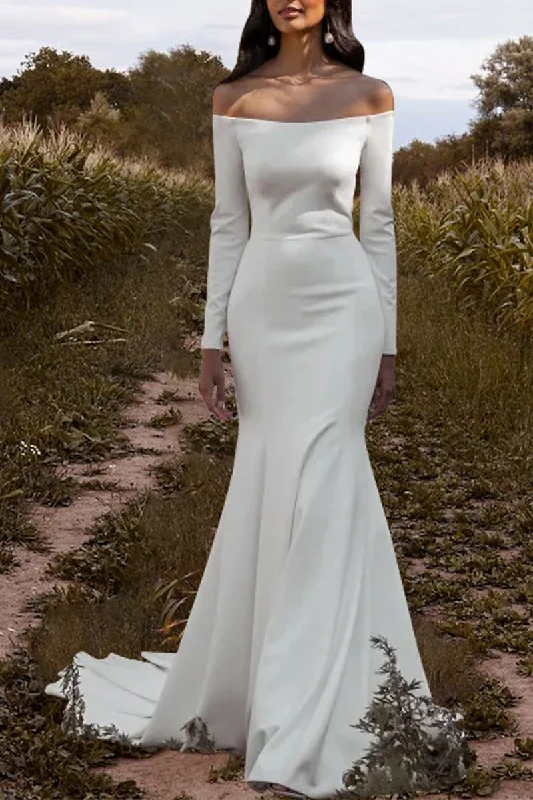 A-line dressHall Casual Wedding Dress Off Shoulder Long Sleeves Simple Summer Bridal Gowns QW2366