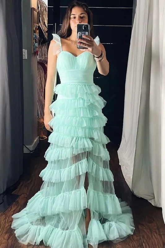 statement dressMint Green Tiered Ruffle Long Prom Dress Y2975