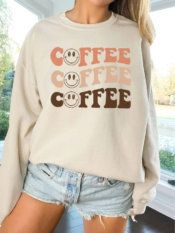 slim fit workout hoodieCoffee Coffee Coffee Smile Face Crewneck Sweatshirt for Coffee Lovers