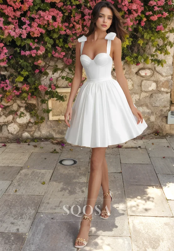 satin dressSweetheart Bows Straps Wedding Dress A-Line Sleeveless Satin Boho Short Wedding Gowns