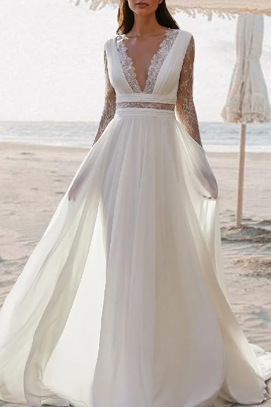 ashionable dressBeach Boho Wedding Dress A Line V Neck Floor Length Long Sleeves Summer Bridal Gown QW2383