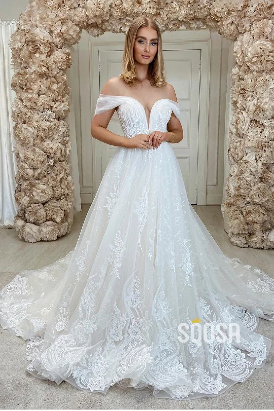 printed dressUnique Off-the-Shoulder Appliques A-line Wedding Dress QW2677