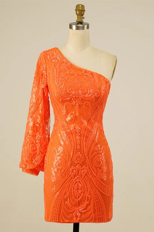 long sleeve dressOrange One Shoulder Long Sleeve Sequins-Embroidered Homecoming Dress