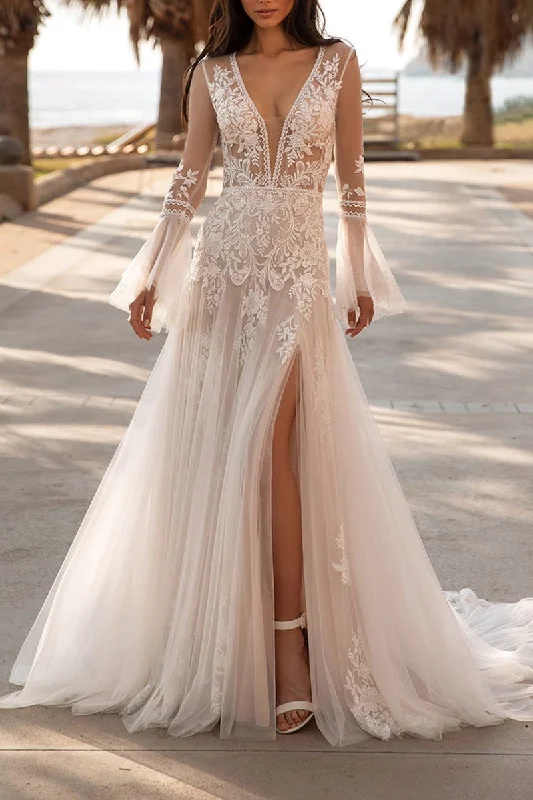 stylish party dressAttractive V Neck Lace Appliques Boho Wedding Dress with Sleeves Bridal Gown QW2604