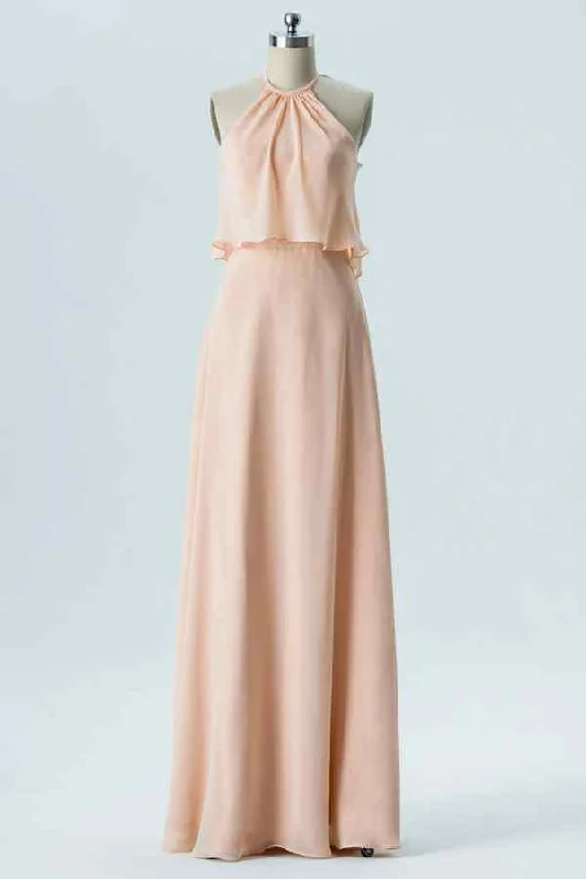 flowy evening dressPearl Pink A-line Halter Crepe Chiffon Long Bridesmaid Dress