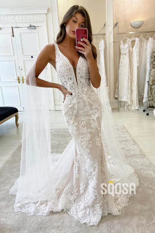 lace dressMermaid Wedding Dress V-neck Lace Wedding Gowns QW0949