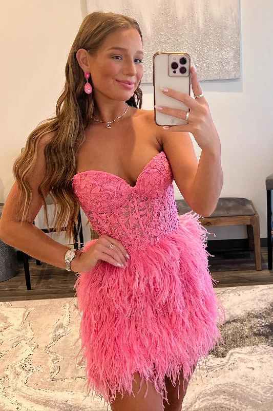 trendy bodycon dressSheath/Column Sweetheart Lace Appliques Feathers Pink Cute Homecoming Dress QH2328