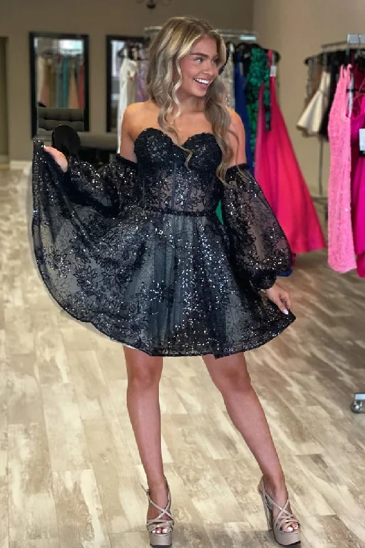 ruched dressBlack Lace Bustier A-Line Short Homecoming Dress with Detachable Sleeve  Y3000