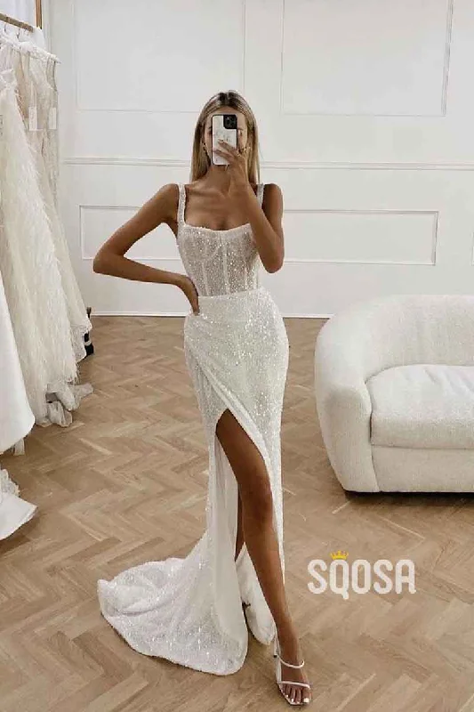 casual summer dressDouble Straples Side Slit Elegant Mermaid Wedding Dress QW2531