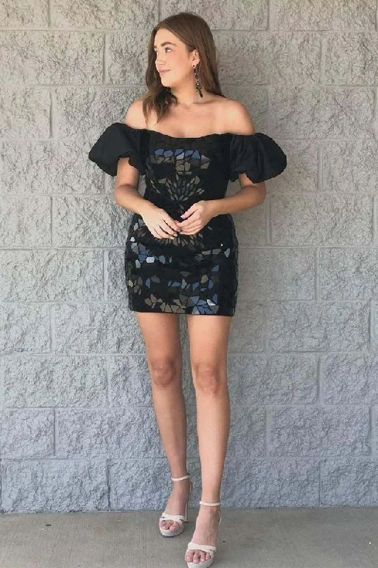 comfy dressBlack Cut Glass Mirror Puff-Sleeve Short Homecoming Dress