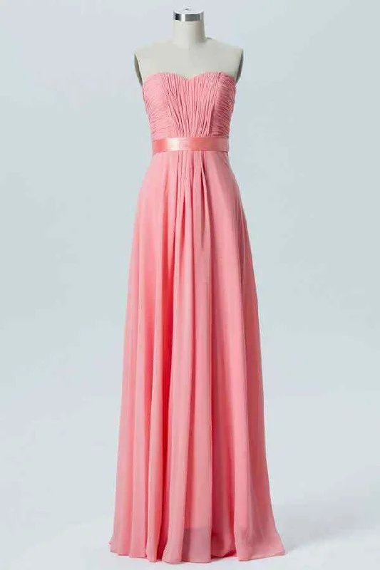 elegant maxi dressCoral A-line Strapless Pleated Chiffon Long Bridesmaid Dress with Sash