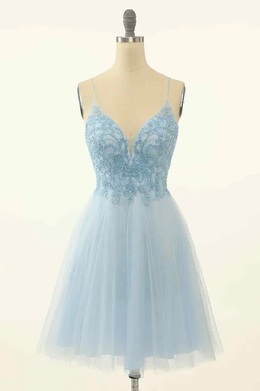 lace dressLight Blue A-line V Neck Beading-Embroidered Tulle Mini Homecoming Dress