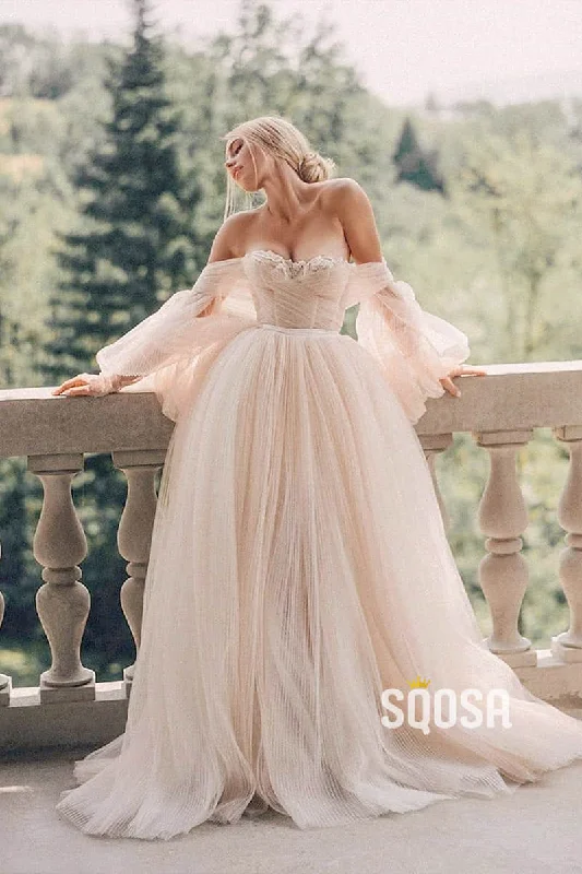 evening dressUnique Bat Sleeves Off-the-Shoulder Modest Tulle Rustic Wedding Dress QW0865