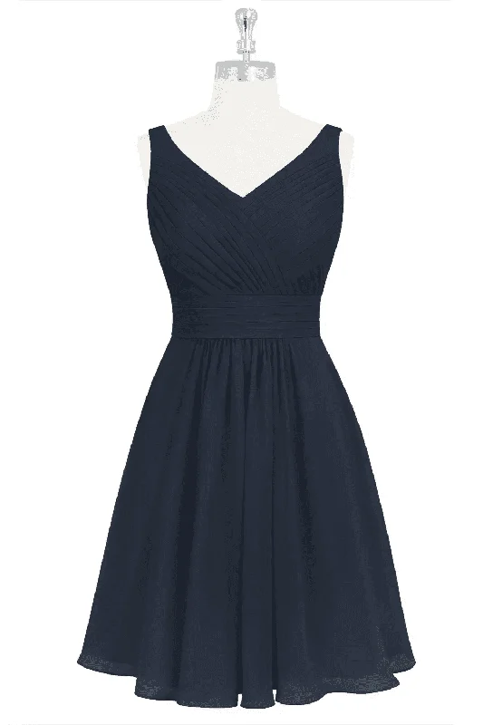 floral midi dressDark Navy A-line V Neckline Chiffon Knee Length Bridesmaid Dress