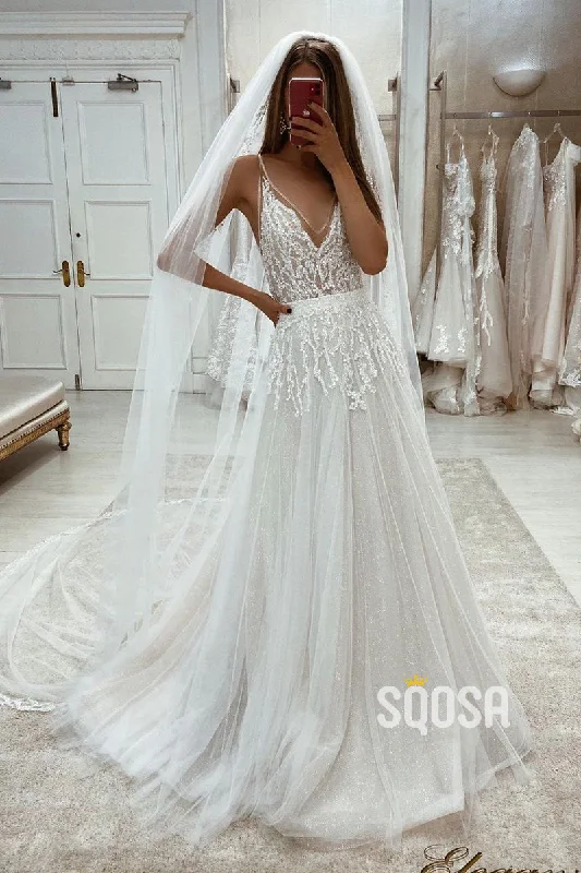 flowy dressSexy V-Neck Beads A-line Tulle Rustic Wedding Dress QW2133