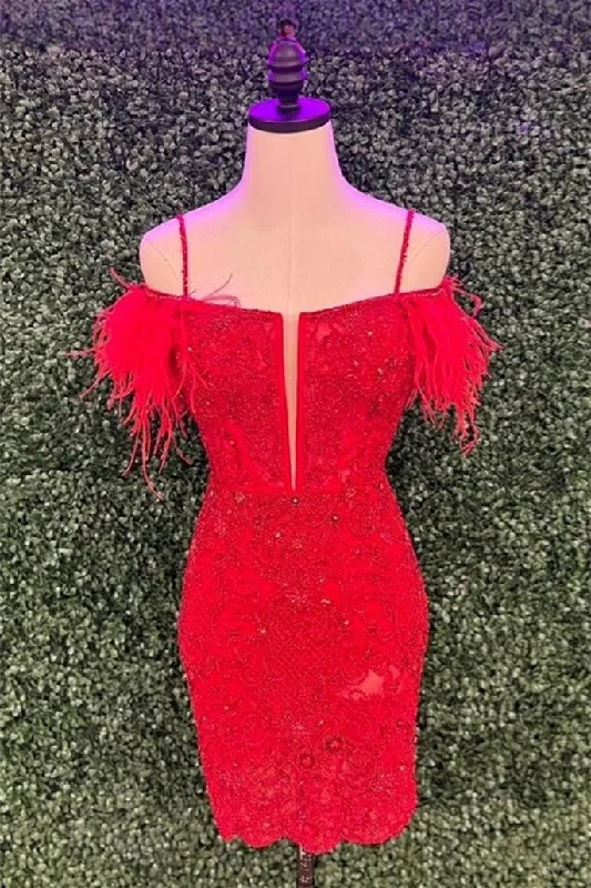 elegant maxi dressRed Off-the-Shoulder Sequined Embroidery Sheath Homecoming Dress with Feathers