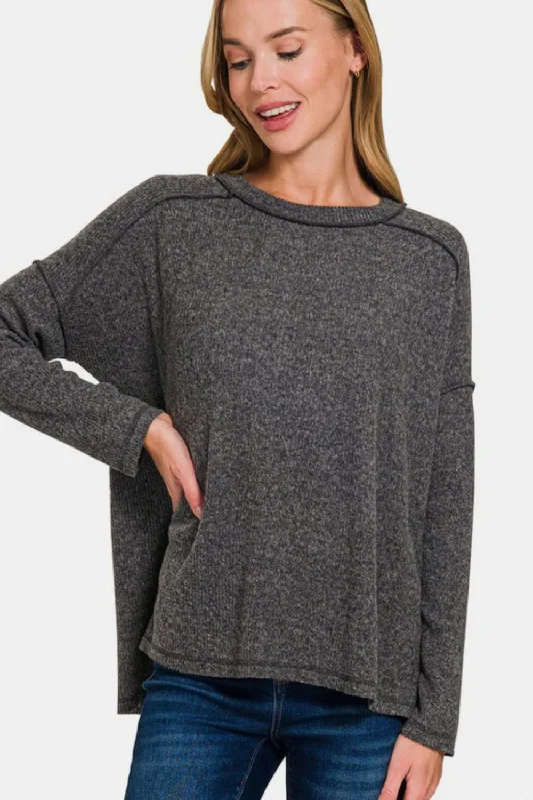 minimalist gym sweatshirtZenana Full Size Exposed Seam Brushed Round Neck Sweater