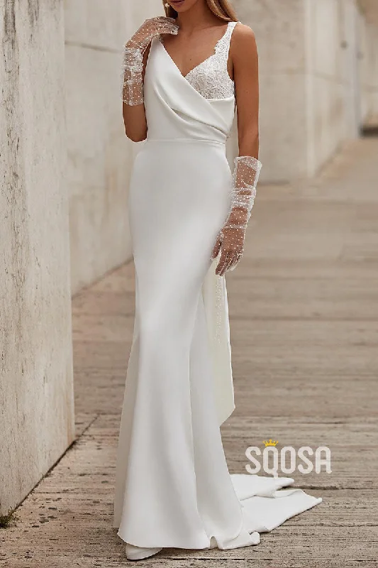 playful dressChic Satin Fitted V-Neck Spaghetti Straps Lace Applique Wedding Dress QW8185