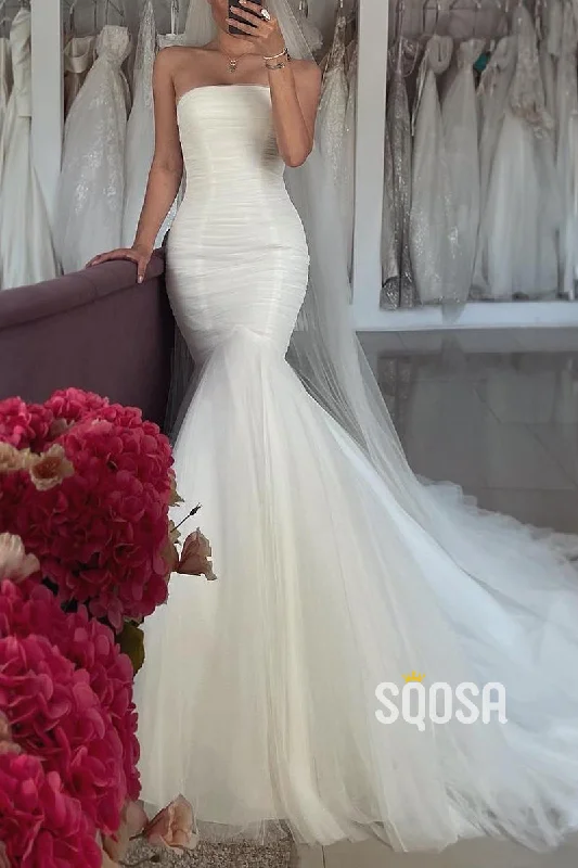 bohemian dressSimple Trumpet Strapless Ruched With Tulle Train Beach Wedding Dress QW8151