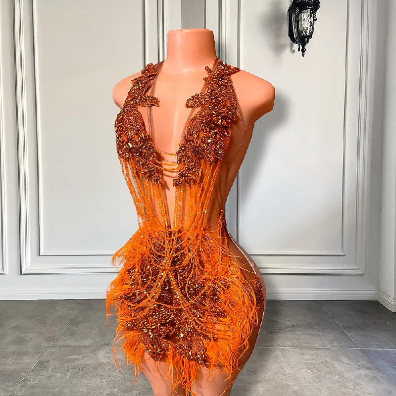 lightweight outerwearLuxury Sparkly Orange Crystals Diamond Women Cocktail Gowns Sexy See Through Feather Black Girl Short Prom Dresses 2023