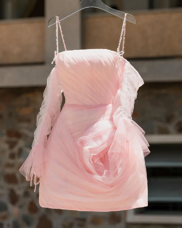 t-shirt dressChic & Modern A-Line Tulle Straps Pink Pleated Cute Homecoming Dress QS2201