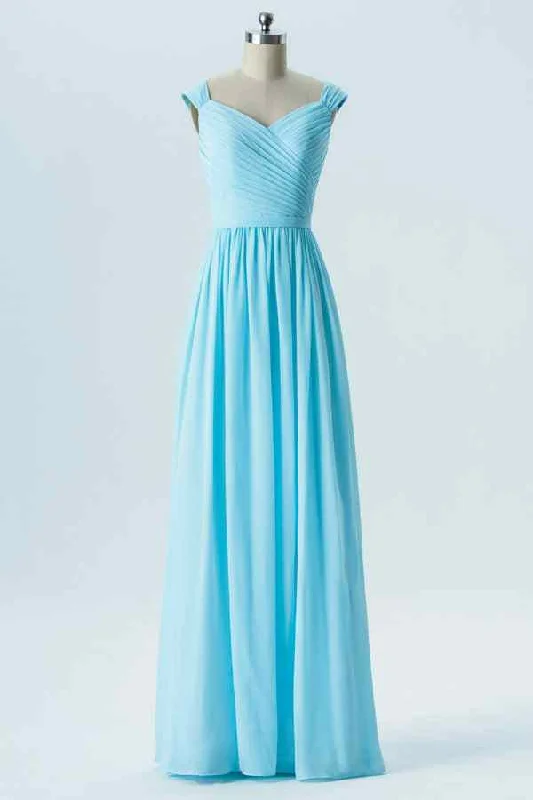 casual shift dressBlue A-line V Neck Pleated Chiffon Long Bridesmaid Dress