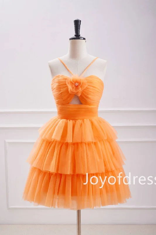 high-waisted dressStraps Orange Keyhole Pleated Layered Short Homecoming Dress