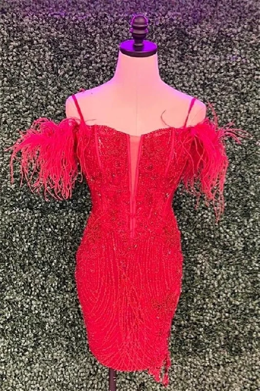 spaghetti strap dressRed Off-the-Shoulder Sequined Sheath Homecoming Dress with Feathers