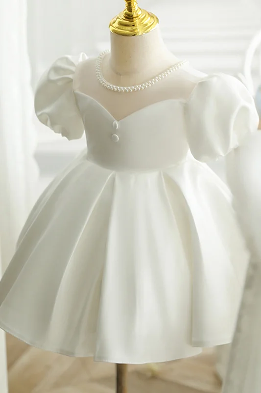 statement dressBall Gown Illusion Neckline Pearls Cute Flower Girl Dress Short Sleeves First Communion Dress QF1042