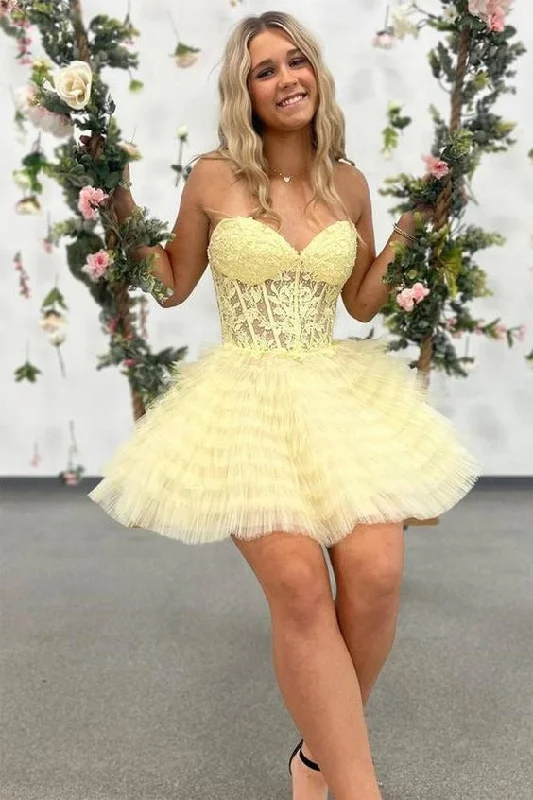 trendy dressYellow A-Line Ruffled Strapless Corset Homecoming Dress