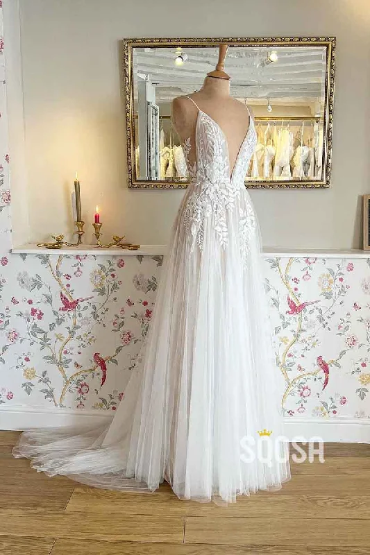 trendy dressA Line Deep V neck Lace Appliques Elegant Boho Wedding Dress QW2357