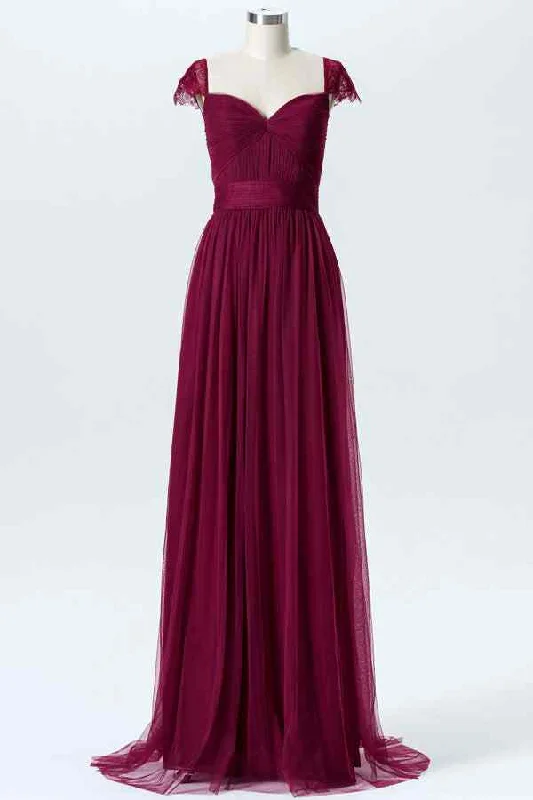 ruched dressMulberry A-line Sweetheart Tulle Pleated Lace Cap Sleeves Long Bridesmaid Dress