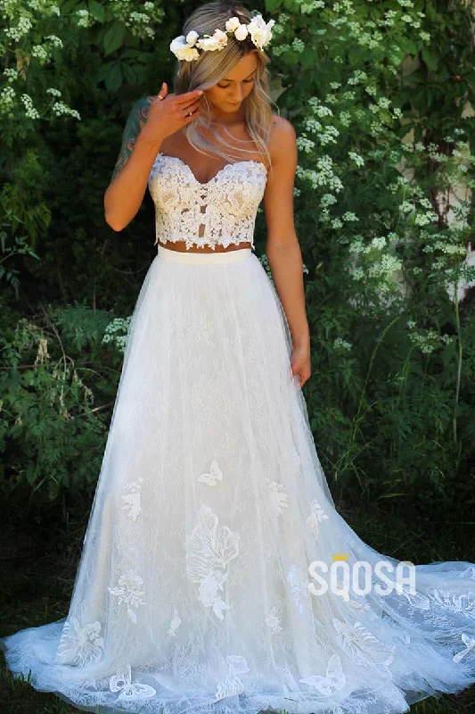 one-shoulder dressA-line Sweetheart Chic Appliques Two Piece Beach Wedding Dress QW2367