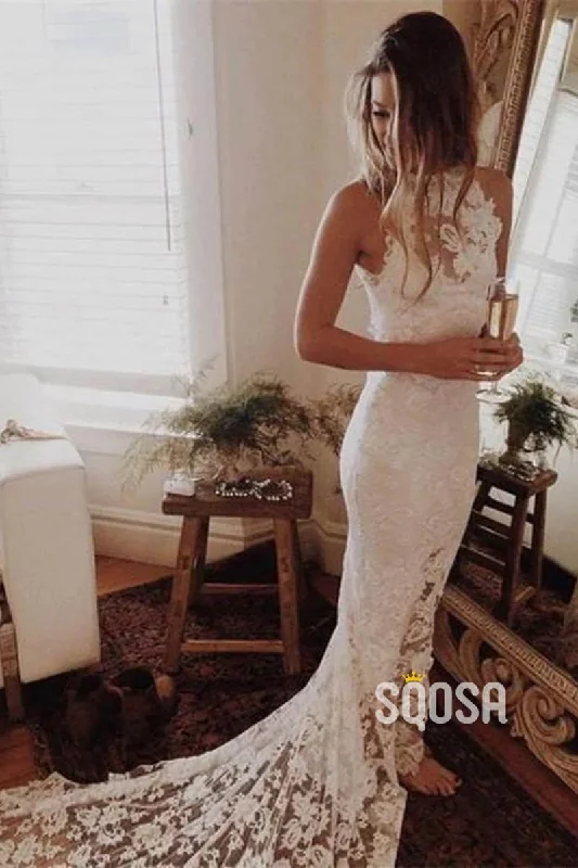 pleated dressUnique Jewel Exquisite Ivory Lace Bohemian Wedding Dress with Slit QW2550