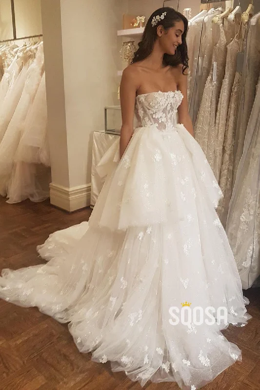 structured dressUnique Strapless Tulle Appliques A-line Wedding Dress QW2687