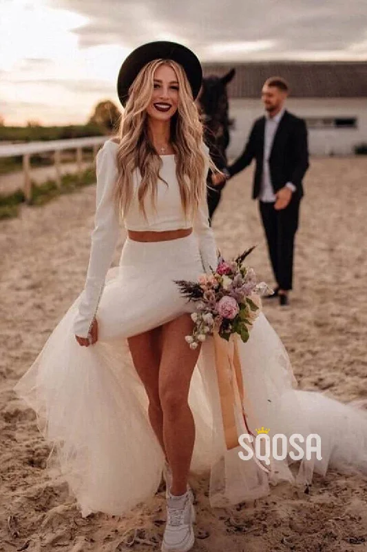 textured dressUnique Scoop Long Sleeves Two-Piece Bohemian Wedding Dress QW2423