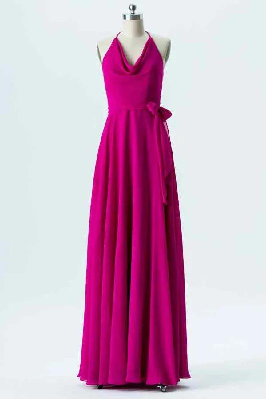 spaghetti strap dressFuchsia A-line Bow Tie Back Cowl Neck Chiffon Long Bridesmaid Dress