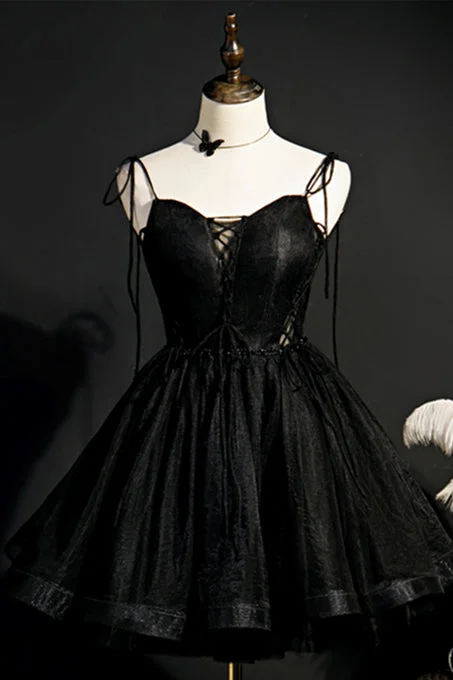 high-waisted dressBlack Bow Tie Shoulder Beaded Lace-Up Neck Homecoming Dress