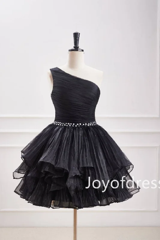 elegant maxi dressOne Shoulder Black Beaded Organza A-Line Ruffle Short Dress