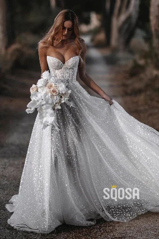 spaghetti strap dressA-line Sweetheart Lace Appliques Bohemian Wedding Dress QW2468