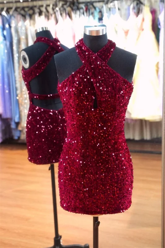 sleeveless dressRed Halter Sheath Sequins Homecoming Dress