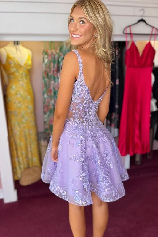 floral wrap dressLilac A-line Appliques Deep V Neck Short Homecoming Dress