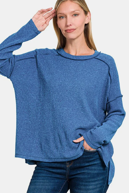 fashionable workout wearZenana Full Size Exposed Seam Brushed Round Neck Sweater