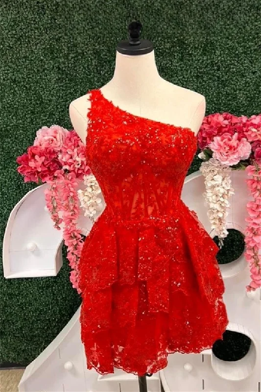 puff sleeve dressRed One Shoulder A-line Multi-Layers Sequined Appliques Homecoming Dress