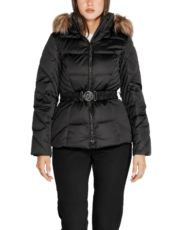 premium coatGuess  Women's Belted Puffer Jacket with Faux Fur Hood