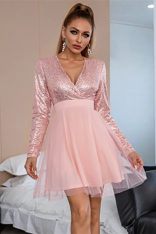 one-shoulder dressPink Sequins Surplice Long Sleeves Tulle Homecoming Dress