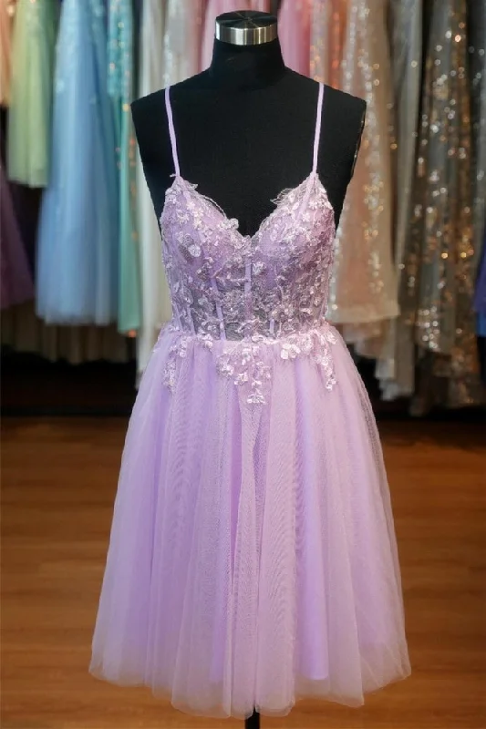 vintage-inspired dressLilac Sweetheart A-line Straps Tulle Homecoming Dress