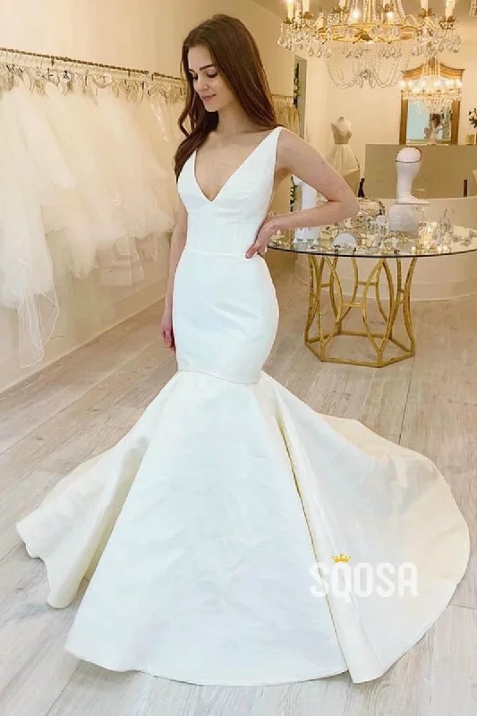 form-fitting dressMermaid/Trumpet Wedding Dress Double Straps V-neck Rustic Wedding Gowns QW2224